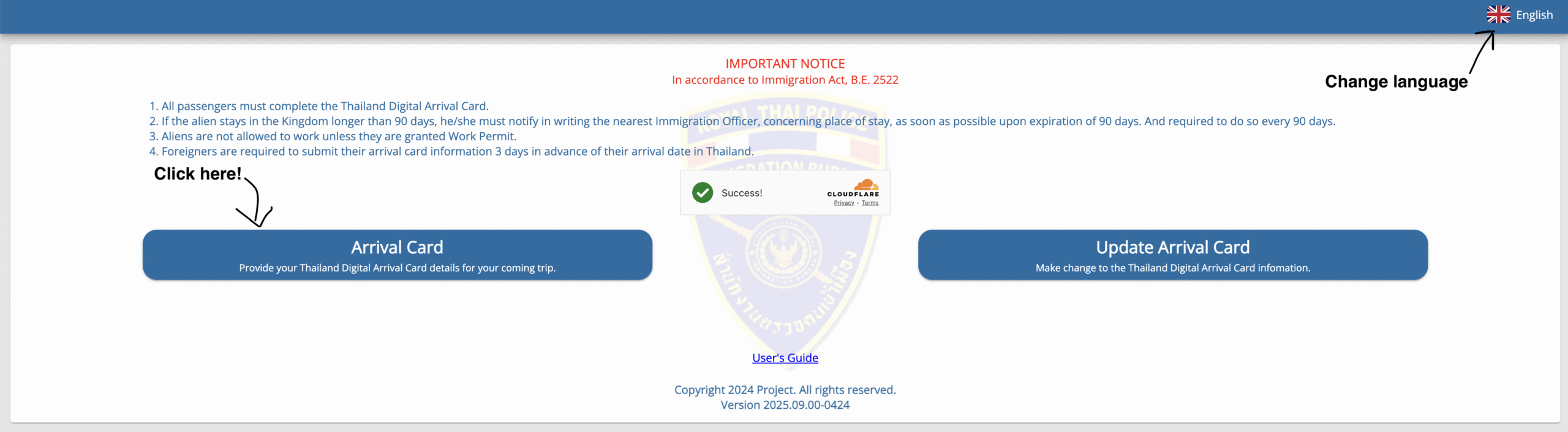 Thailand Digital Arrival Card step 1 click arrival card