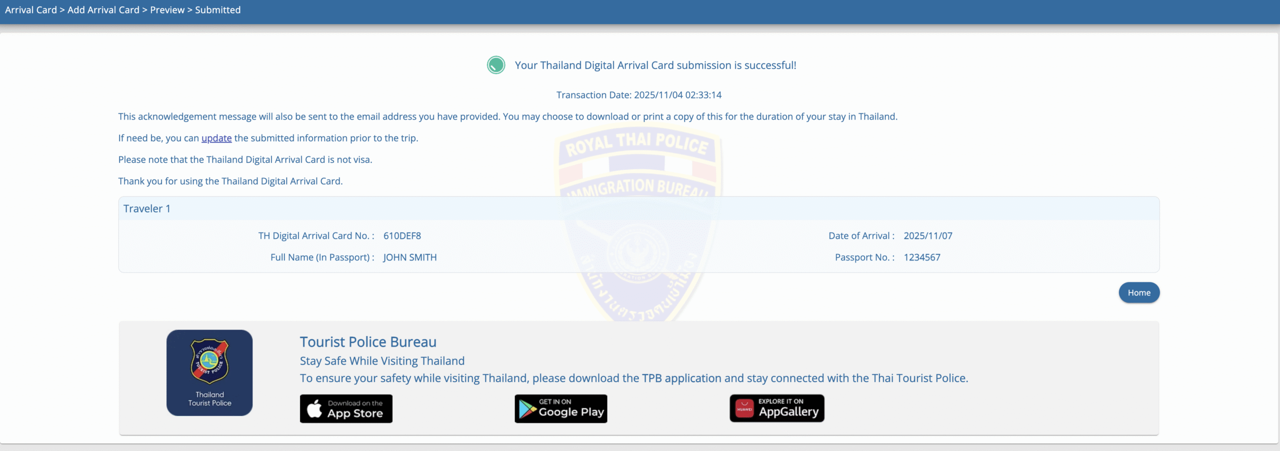 Thailand Digital Arrival Card step 6 form completed