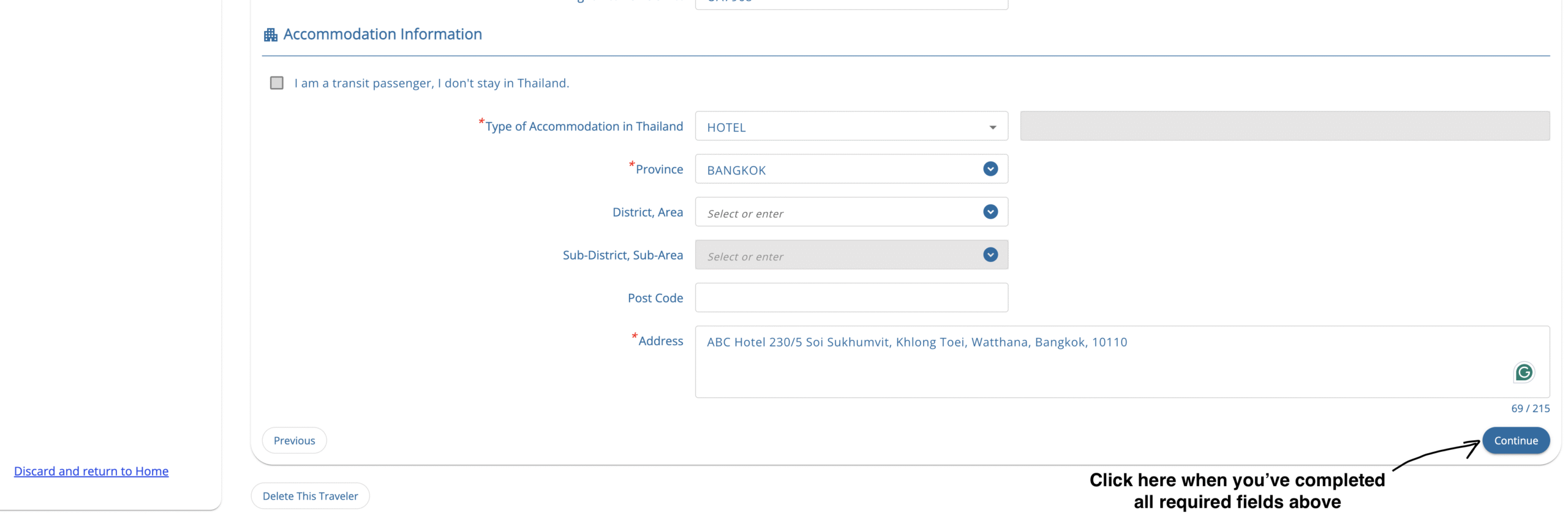 Thailand Digital Arrival Card step 3 accommodation information