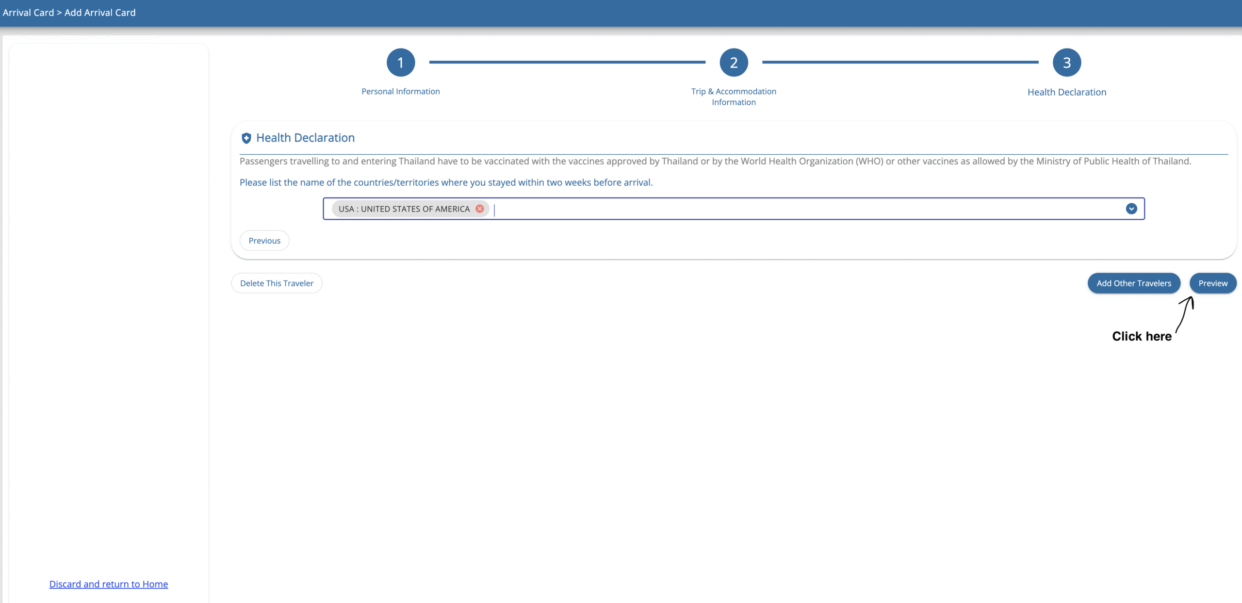 Thailand Digital Arrival Card step 4 health information