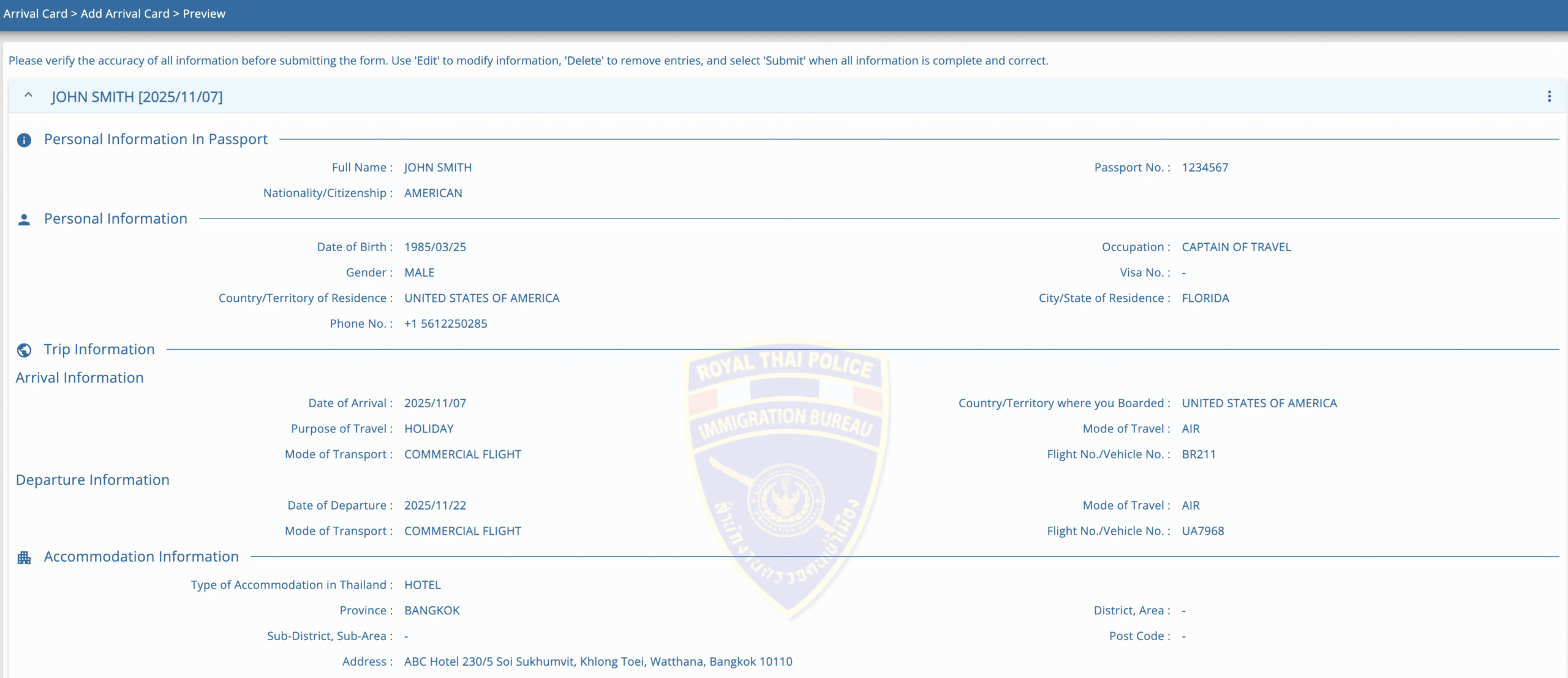 Thailand Digital Arrival Card step 5 review information