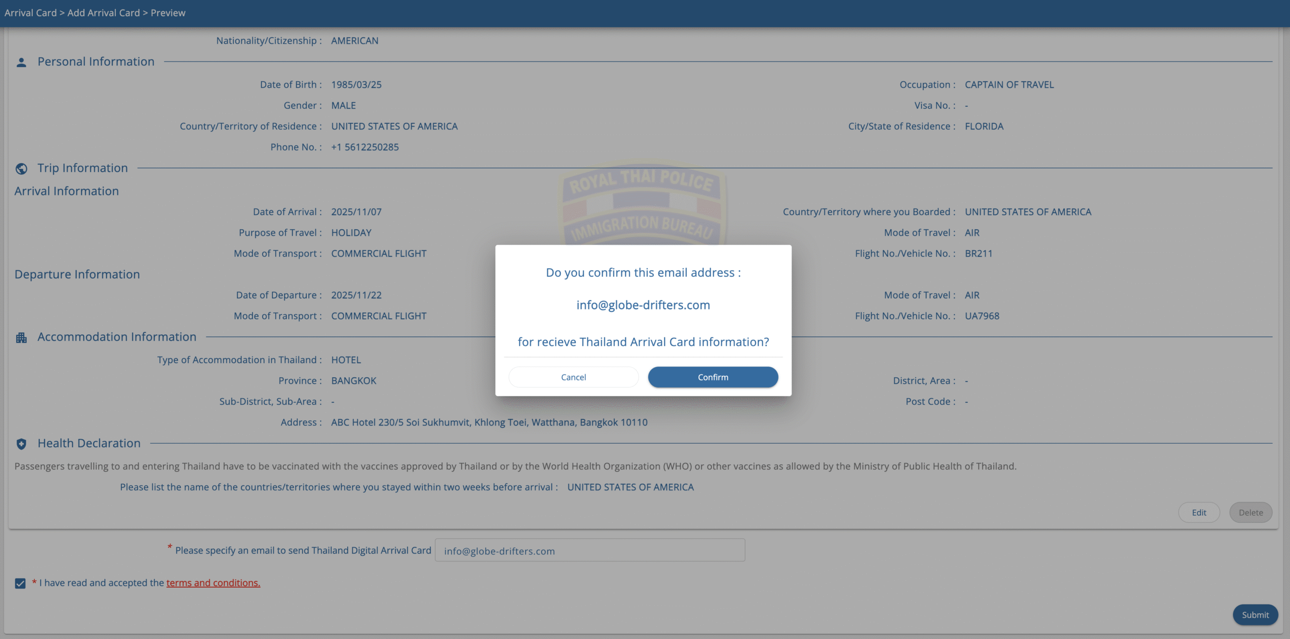Thailand Digital Arrival Card step 6 confirm