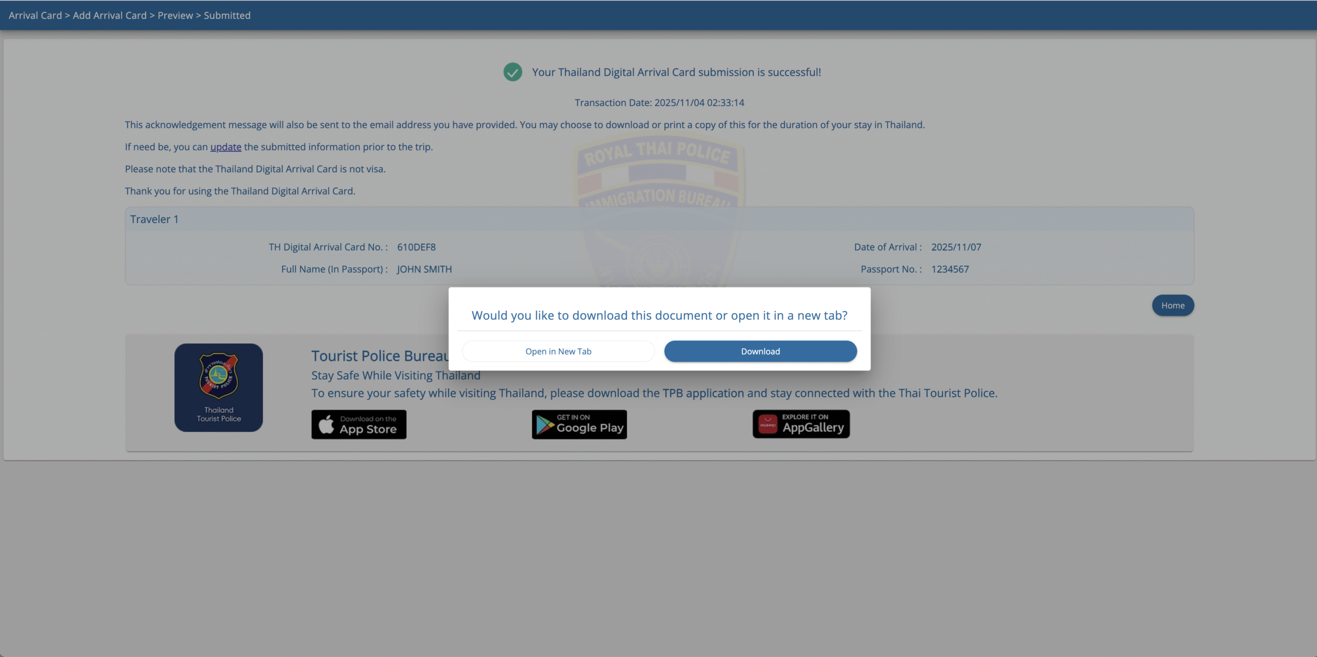 Thailand Digital Arrival Card step 6 download document