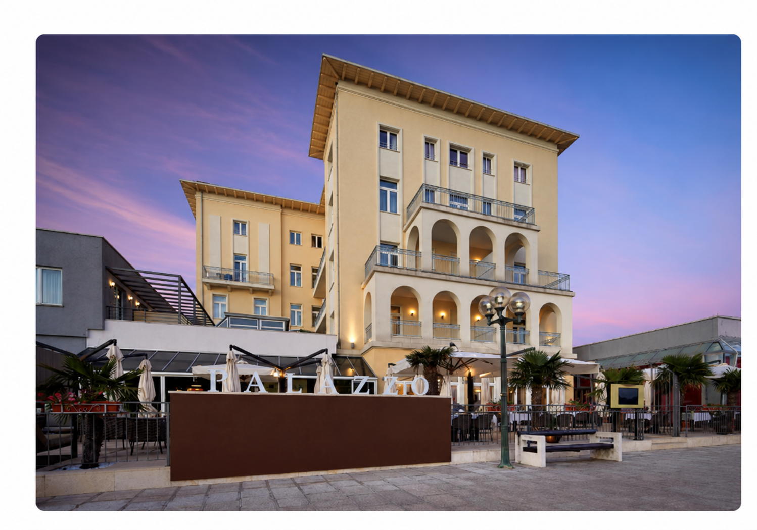 Exterior of our waterfront hotel in Poreč